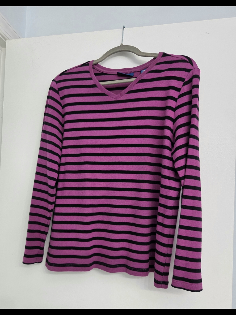Karen Scott Striped V-Neck Top in Magenta & Black